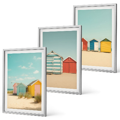 Triptykon billeder med ramme Farverige huse, strand, sol