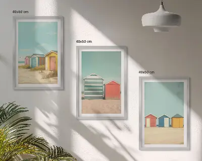 Billedsæt til soveværelset med motiv af farverige huse, strand og sol