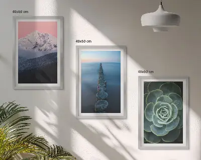 Billedsæt til soveværelset med motiv af bjerge, lyserød himmel, vand og sukkulenter