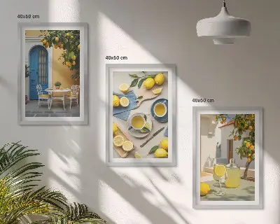Citroner limonade blå dør triptykon billeder med ramme