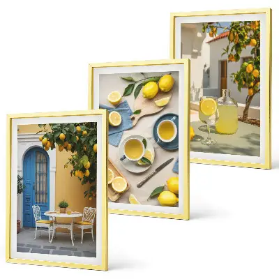 Citroner limonade blå dør triptykon billeder med ramme