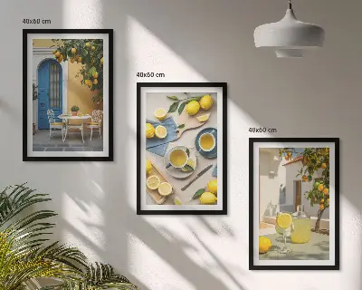 Citroner limonade blå dør triptykon billeder med ramme