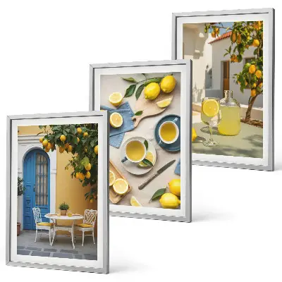 Citroner limonade blå dør triptykon billeder med ramme
