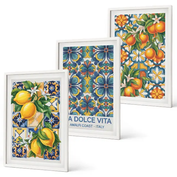 Triptykon med citron- og appelsinblomstermønster billeder inklusiv ramme