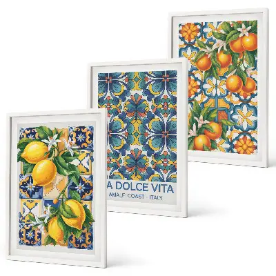 Triptykon med citron- og appelsinblomstermønster billeder inklusiv ramme