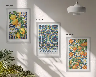 Triptykon med citron- og appelsinblomstermønster billeder inklusiv ramme