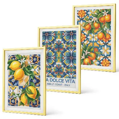 Triptykon med citron- og appelsinblomstermønster billeder inklusiv ramme