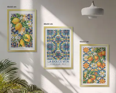 Triptykon med citron- og appelsinblomstermønster billeder inklusiv ramme