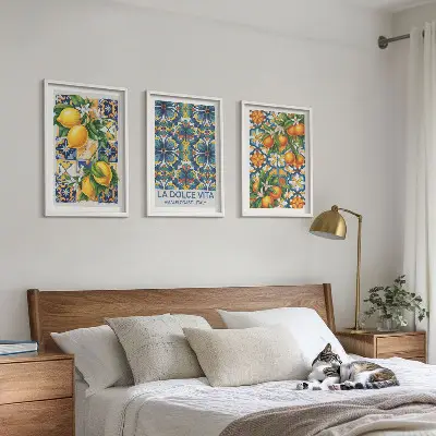 Triptykon med citron- og appelsinblomstermønster billeder inklusiv ramme