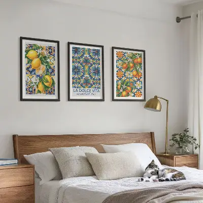 Triptykon med citron- og appelsinblomstermønster billeder inklusiv ramme