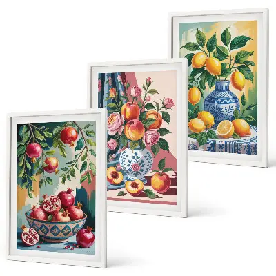 Billedsæt til soveværelset med motiv af blomster og frugt i vaser