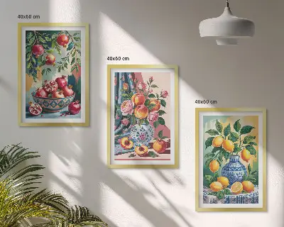 Billedsæt til soveværelset med motiv af blomster og frugt i vaser