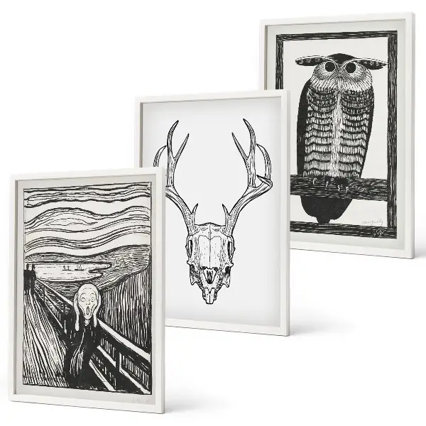Skrigende kranieugle triptykon billeder med ramme