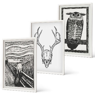 Triptykon billeder med ramme Skrigende kranieugle grafik