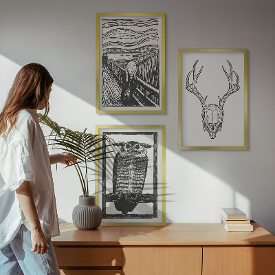 Triptykon billeder med ramme Skrigende kranieugle grafik