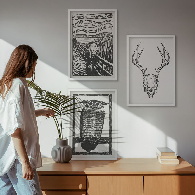Triptykon billeder med ramme Skrigende kranieugle grafik