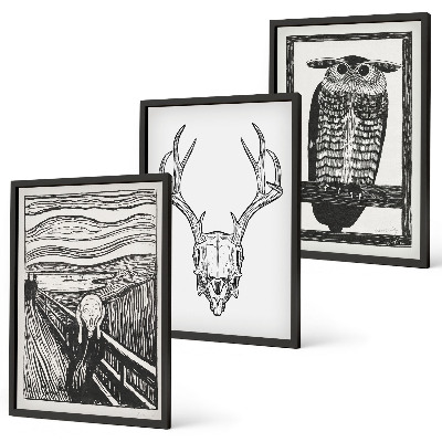 Triptykon billeder med ramme Skrigende kranieugle grafik