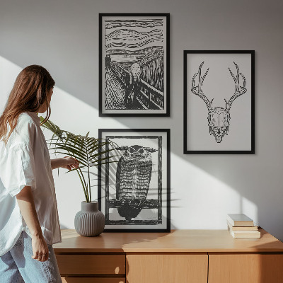 Triptykon billeder med ramme Skrigende kranieugle grafik