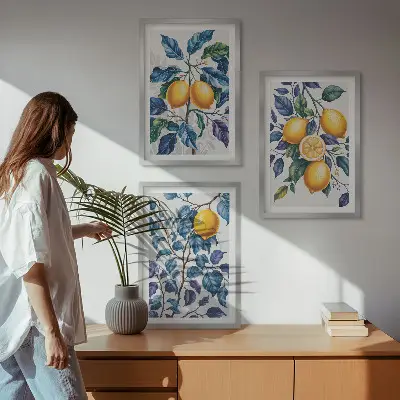 Billedvæg med citrongrene motiver med blå blade