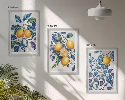 Billedvæg med citrongrene motiver med blå blade