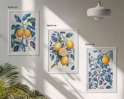 Billedvæg med citrongrene motiver med blå blade