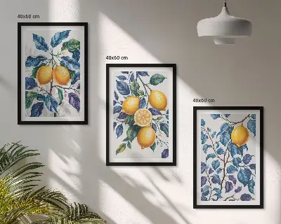 Billedvæg med citrongrene motiver med blå blade