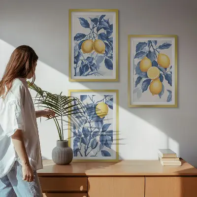 Citrongrene med blå blade triptykon med ramme