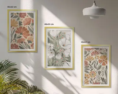 Billedsæt til soveværelset med blomstermønstre i orange og grøn