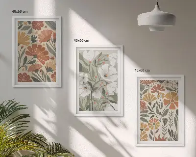 Billedsæt til soveværelset med blomstermønstre i orange og grøn