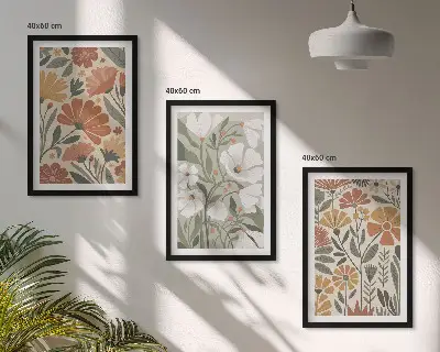 Billedsæt til soveværelset med blomstermønstre i orange og grøn