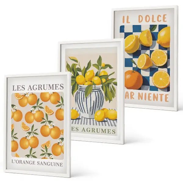 Triptykon med retro gule citrusfrugter inklusive ramme
