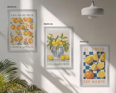 Triptykon med retro gule citrusfrugter inklusive ramme