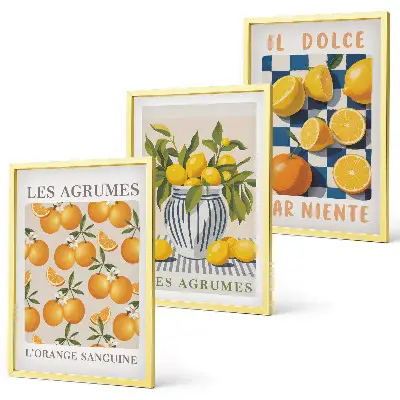 Triptykon med retro gule citrusfrugter inklusive ramme