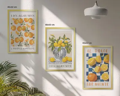 Triptykon med retro gule citrusfrugter inklusive ramme