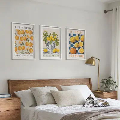 Triptykon med retro gule citrusfrugter inklusive ramme