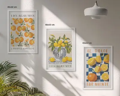 Triptykon med retro gule citrusfrugter inklusive ramme