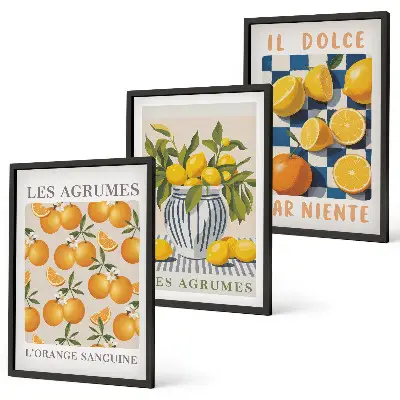 Triptykon med retro gule citrusfrugter inklusive ramme