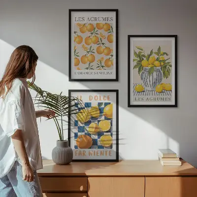 Triptykon med retro gule citrusfrugter inklusive ramme