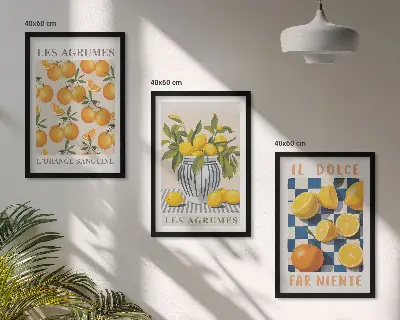 Triptykon med retro gule citrusfrugter inklusive ramme