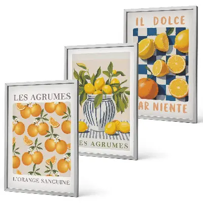 Triptykon med retro gule citrusfrugter inklusive ramme