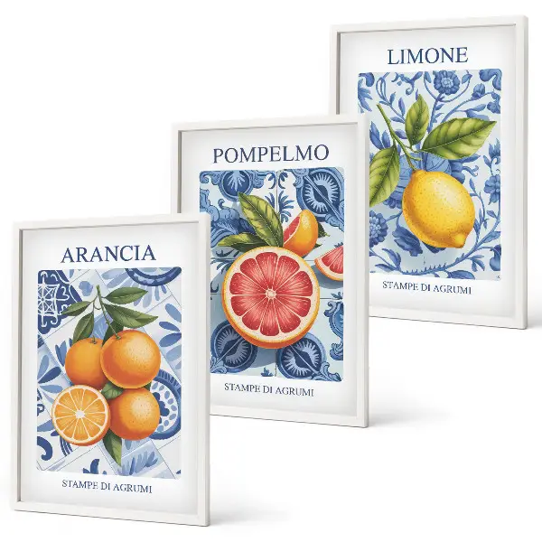 Triptykon med vintage illustrationer af citrusfrugter inklusive ramme