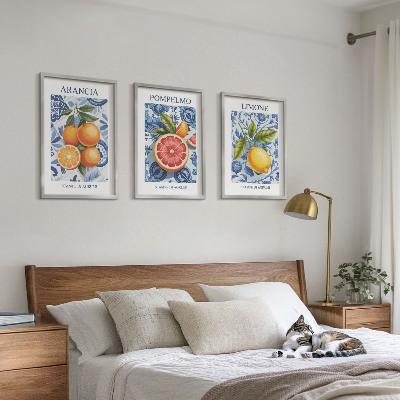 Triptykon billeder med ramme Citrusfrugter Vintage Illustrationer