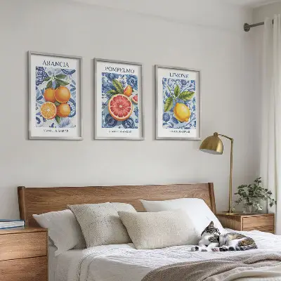 Triptykon med vintage illustrationer af citrusfrugter inklusive ramme