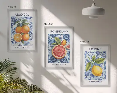 Triptykon med vintage illustrationer af citrusfrugter inklusive ramme