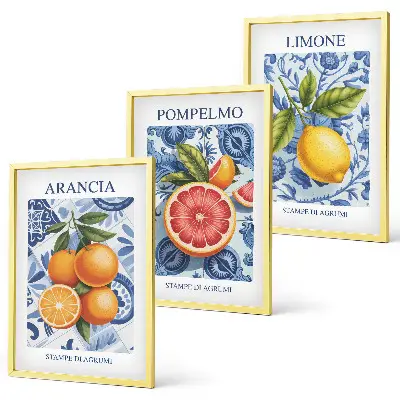 Triptykon med vintage illustrationer af citrusfrugter inklusive ramme