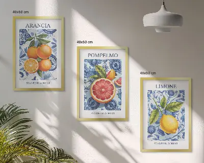 Triptykon med vintage illustrationer af citrusfrugter inklusive ramme
