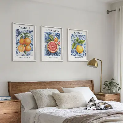 Triptykon med vintage illustrationer af citrusfrugter inklusive ramme