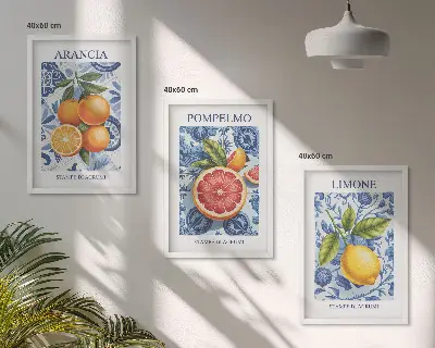Triptykon med vintage illustrationer af citrusfrugter inklusive ramme