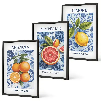 Triptykon med vintage illustrationer af citrusfrugter inklusive ramme