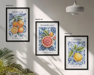 Triptykon med vintage illustrationer af citrusfrugter inklusive ramme
